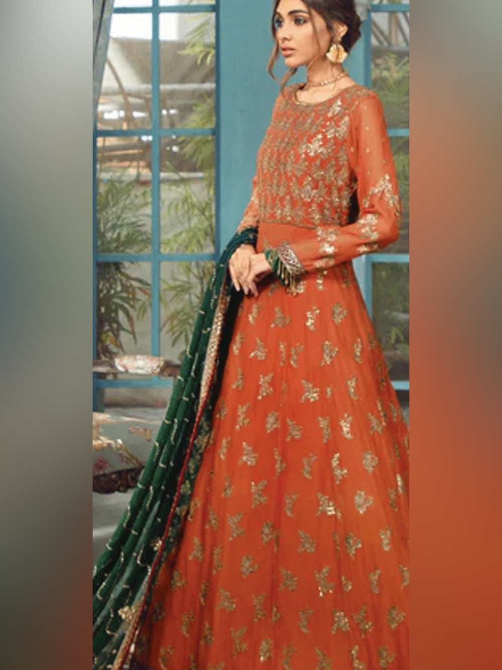 Elegant Orange & Green Embroidered Women's Dress bust 40/41 quarter sleeves
